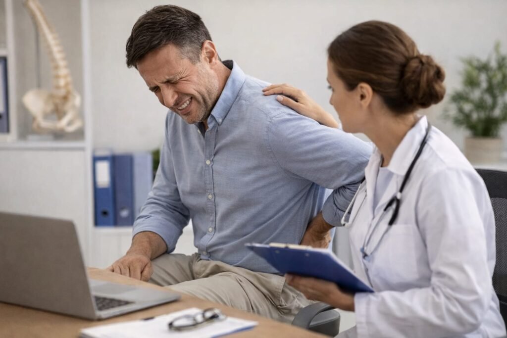 Homem com dor nas costas em consulta médica – auxílio-doença INSS