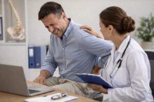 Homem com dor nas costas em consulta médica – auxílio-doença INSS